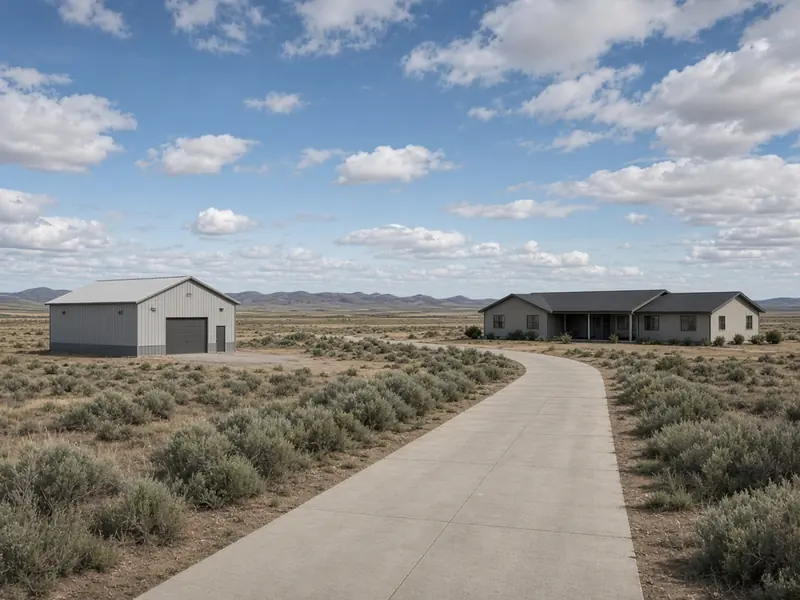 Long new concrete driveway across sagebrush acreage to a ranch house and a metal shop