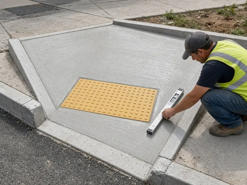 Worker checking the slope of a new concrete curb ramp with a yellow detectable warning panel