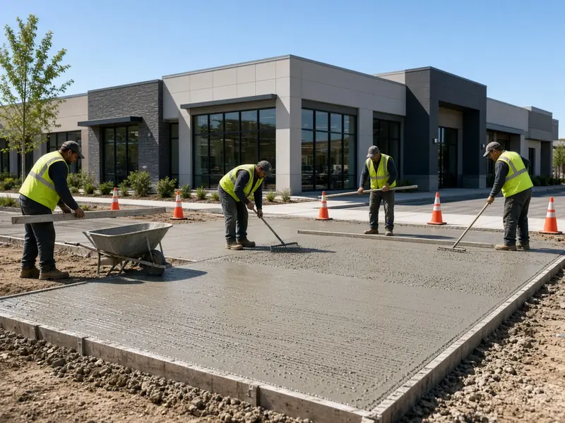 Crew in high-visibility vests screeding a new concrete sidewalk in front of a retail building