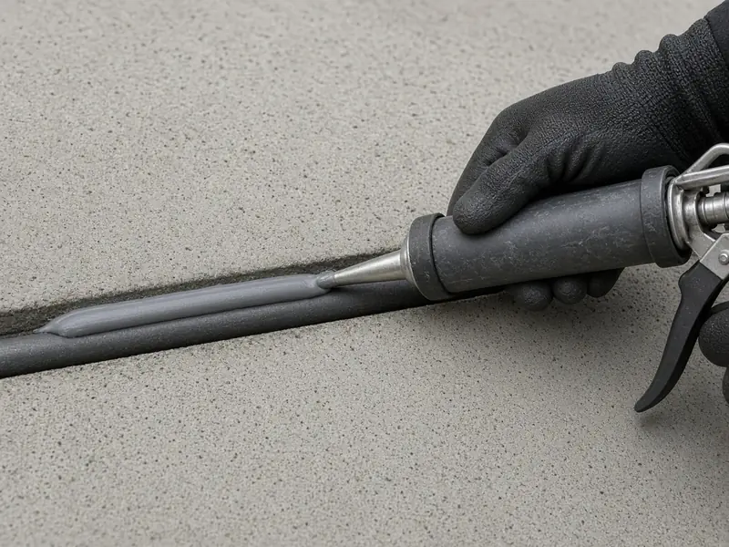 Gloved hand sealing a cleaned control joint in a concrete driveway with flexible sealant