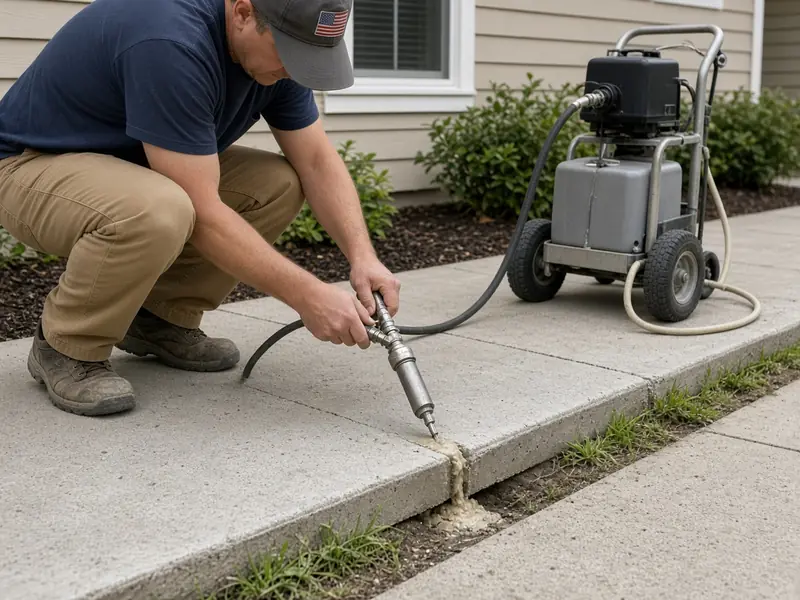 Worker injecting leveling material through a small hole in a sunken sidewalk panel