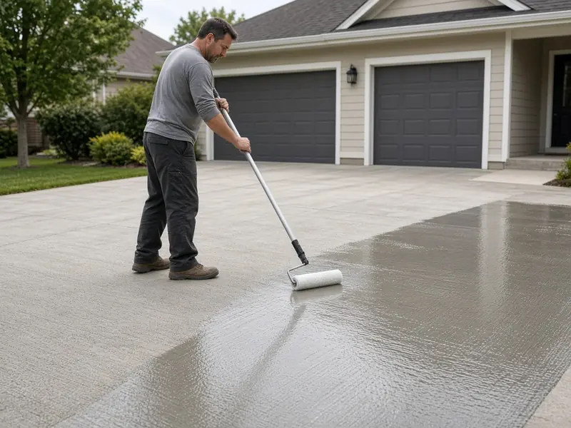 Worker rolling clear sealer onto a broom-finished concrete driveway