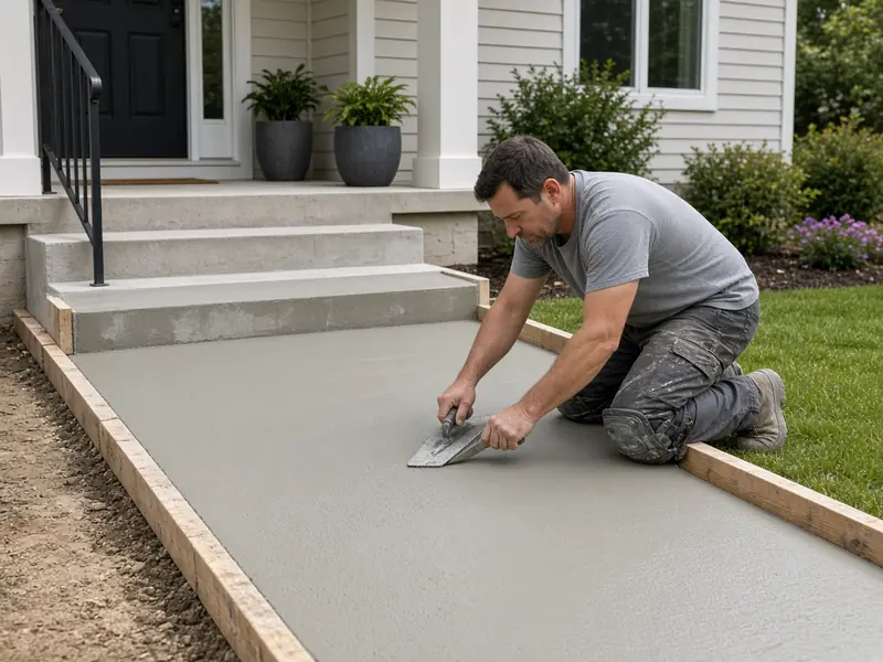Worker edging a freshly poured front walkway below new concrete steps