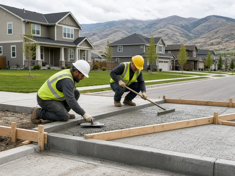 Two workers in plain safety vests finishing a new curb, gutter and driveway approach on a subdivision street