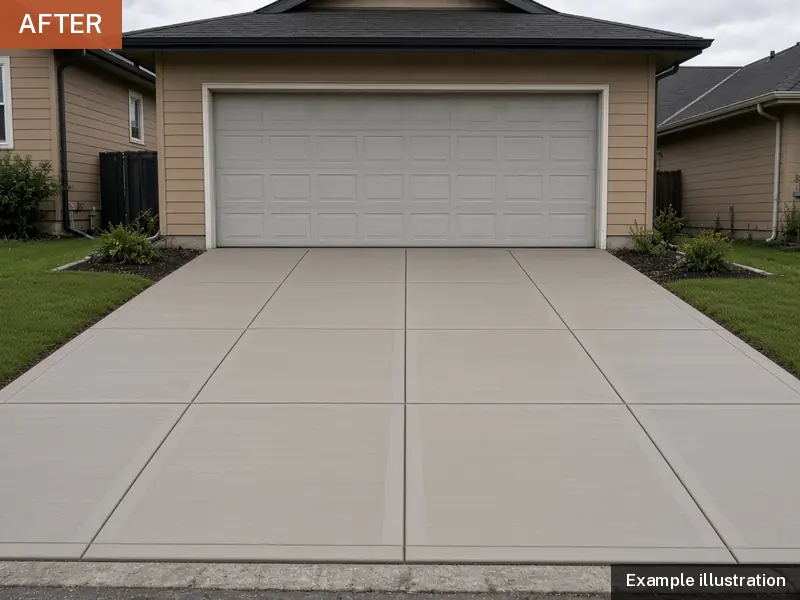Example illustration: the same driveway replaced with new broom-finish concrete and straight joints