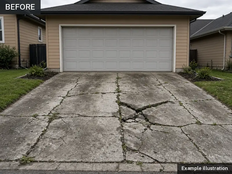 Example illustration: a cracked, heaved concrete driveway with weeds in the cracks