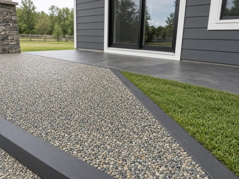 Sealed exposed aggregate walk with a charcoal colored-concrete border beside a lawn and a gray-sided house