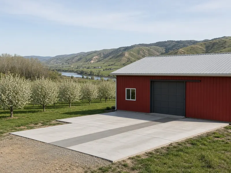 New concrete apron in front of a red equipment barn beside a blossoming orchard above a river valley