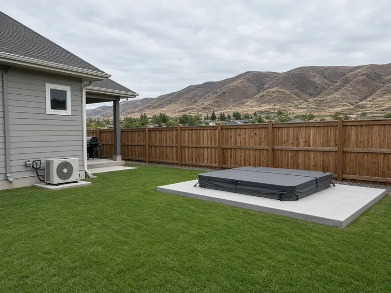 Covered hot tub on a new square concrete pad in a fenced lawn, with an AC unit on its own small pad beside the house