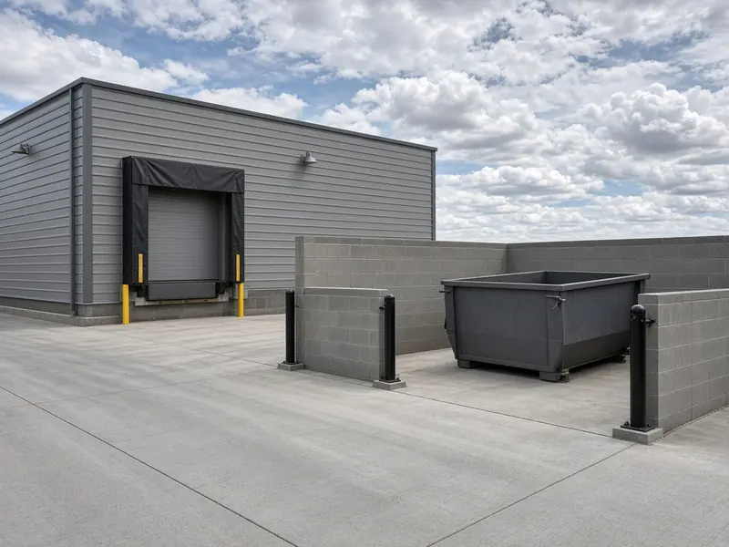 New concrete loading dock apron at a metal building beside a dumpster pad in a block enclosure with bollards
