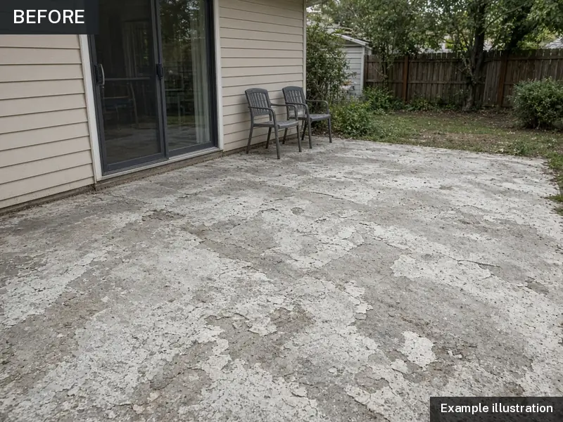 Example illustration: a worn, flaking concrete patio outside a sliding door