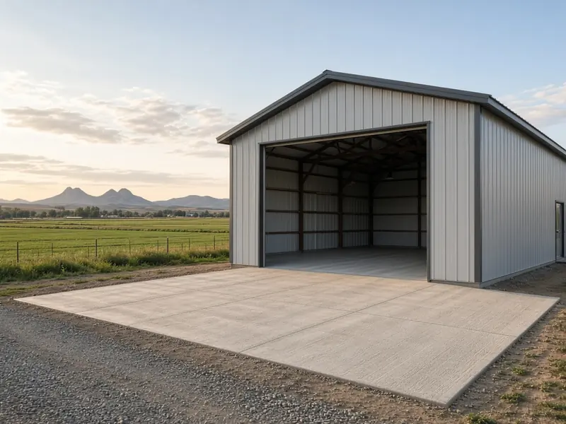New steel post-frame shop with an open door, a fresh concrete floor and a concrete apron beside irrigated fields