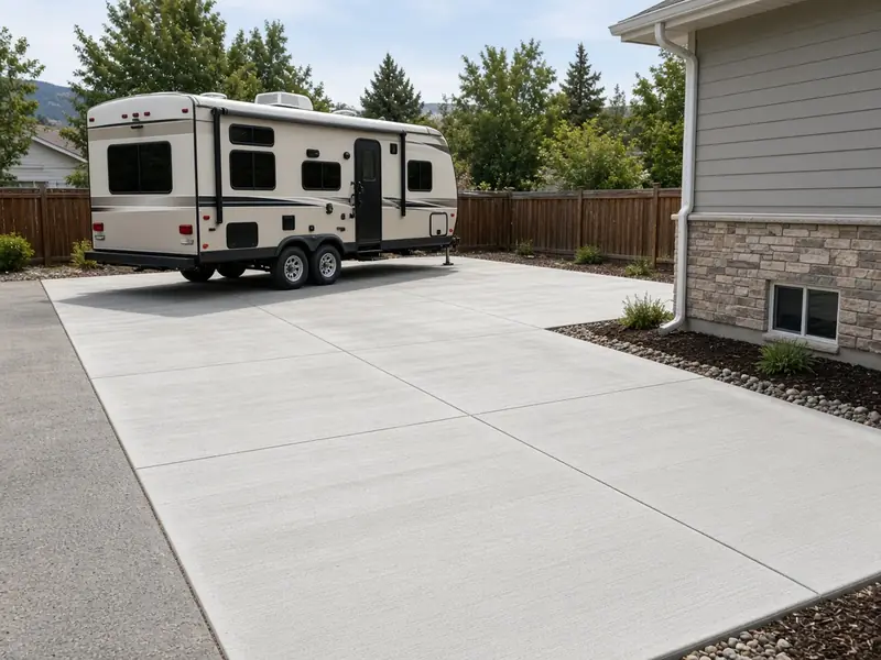 New concrete RV pad beside a driveway with a travel trailer parked on it