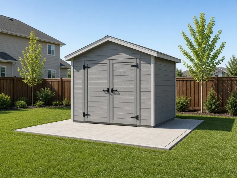 Gray storage shed on a new concrete pad slightly larger than its footprint in a green backyard