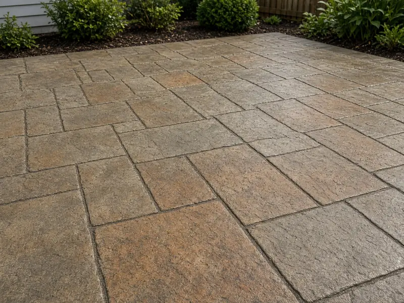 Sealed stamped concrete patio in a gray and rust slate pattern