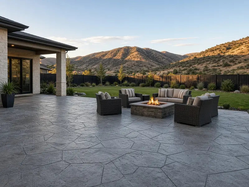 Large gray stamped concrete patio with a fire pit and outdoor seating, foothills behind at sunset