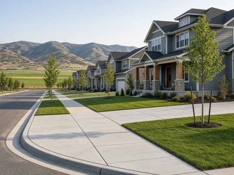 New sidewalks, curb and gutter and driveway approaches along a street of two-story homes, farmland and foothills beyond