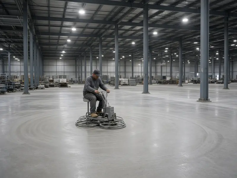 Worker running a ride-on power trowel across a new warehouse floor slab